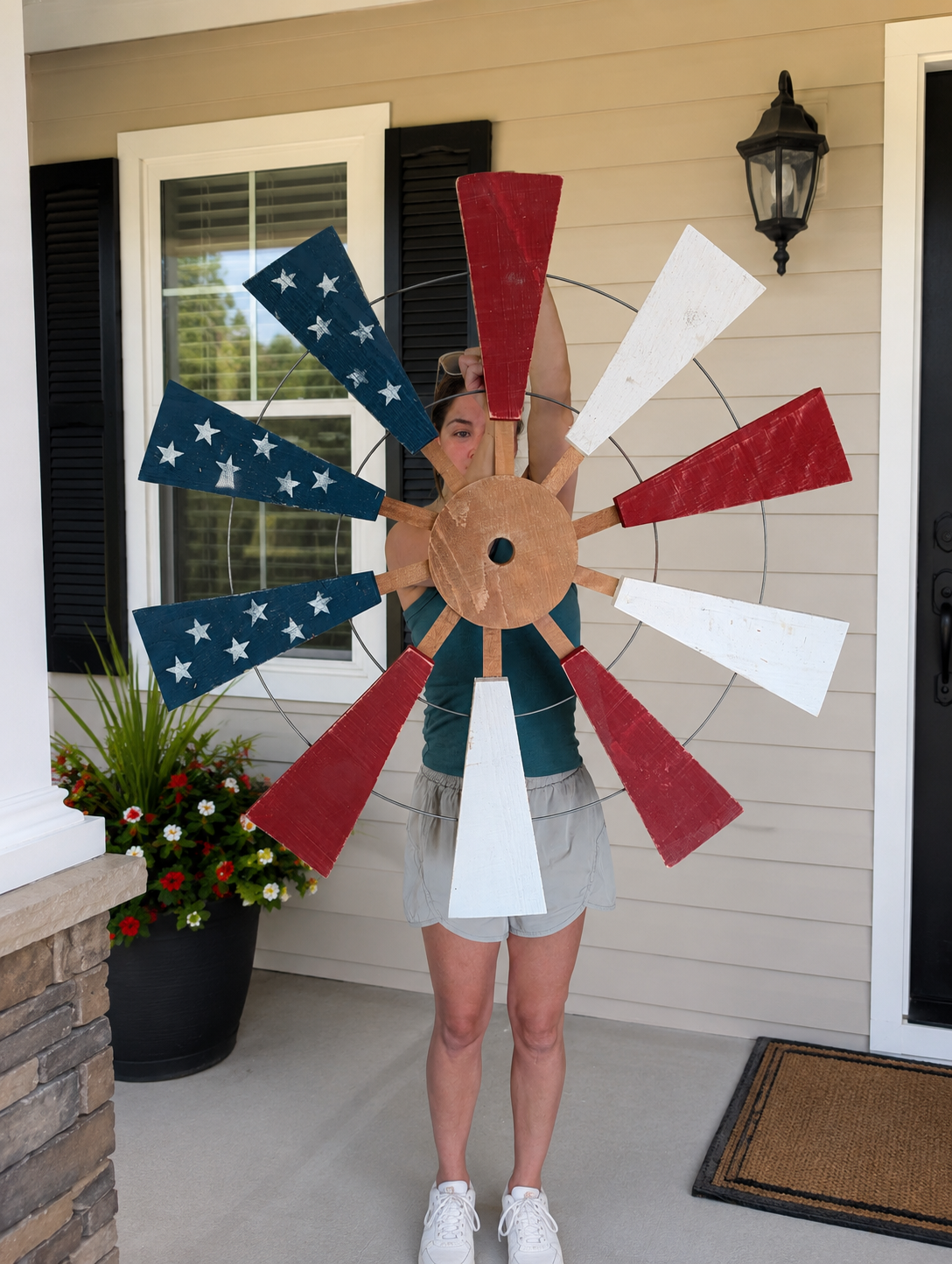 Amish Made Patriotic Windmill Wall Decor | Handmade Wooden American Flag | Rustic Americana Wall Art | 4th of July Porch Decoration