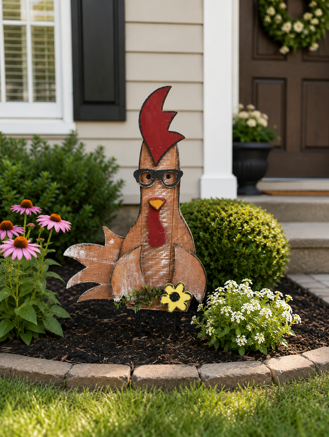 Amish Made Rooster with Glasses Porch Sitter and Yard Stake | Handmade Wooden Garden Decor | Rustic Spring Decor