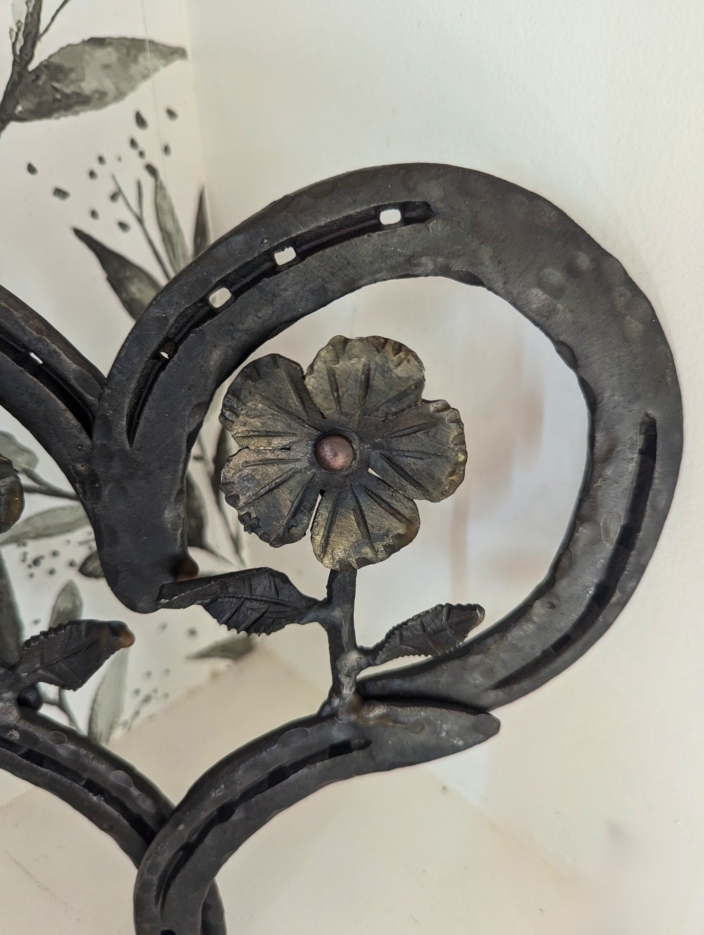 Amish Hand Forged Steel Heart Decor w/ Flower & Leaf Accents - Horseshoe, Gift for Her, Stand Alone Decoration, Valentine's Gift.