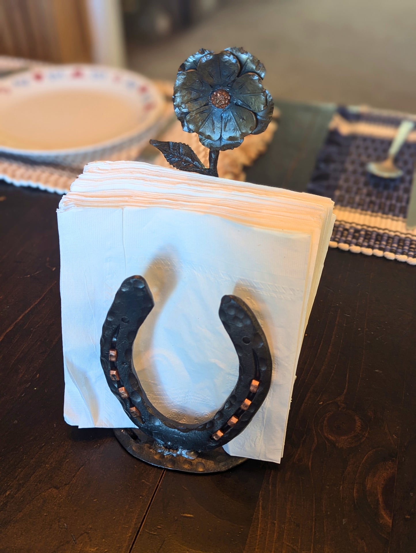 Forged Steel Napkin Holder w/ Horseshoe and Flower Accent – Rustic Kitchen Accessory, Flower Design for Pony Lovers, Ranch & Farm Decor