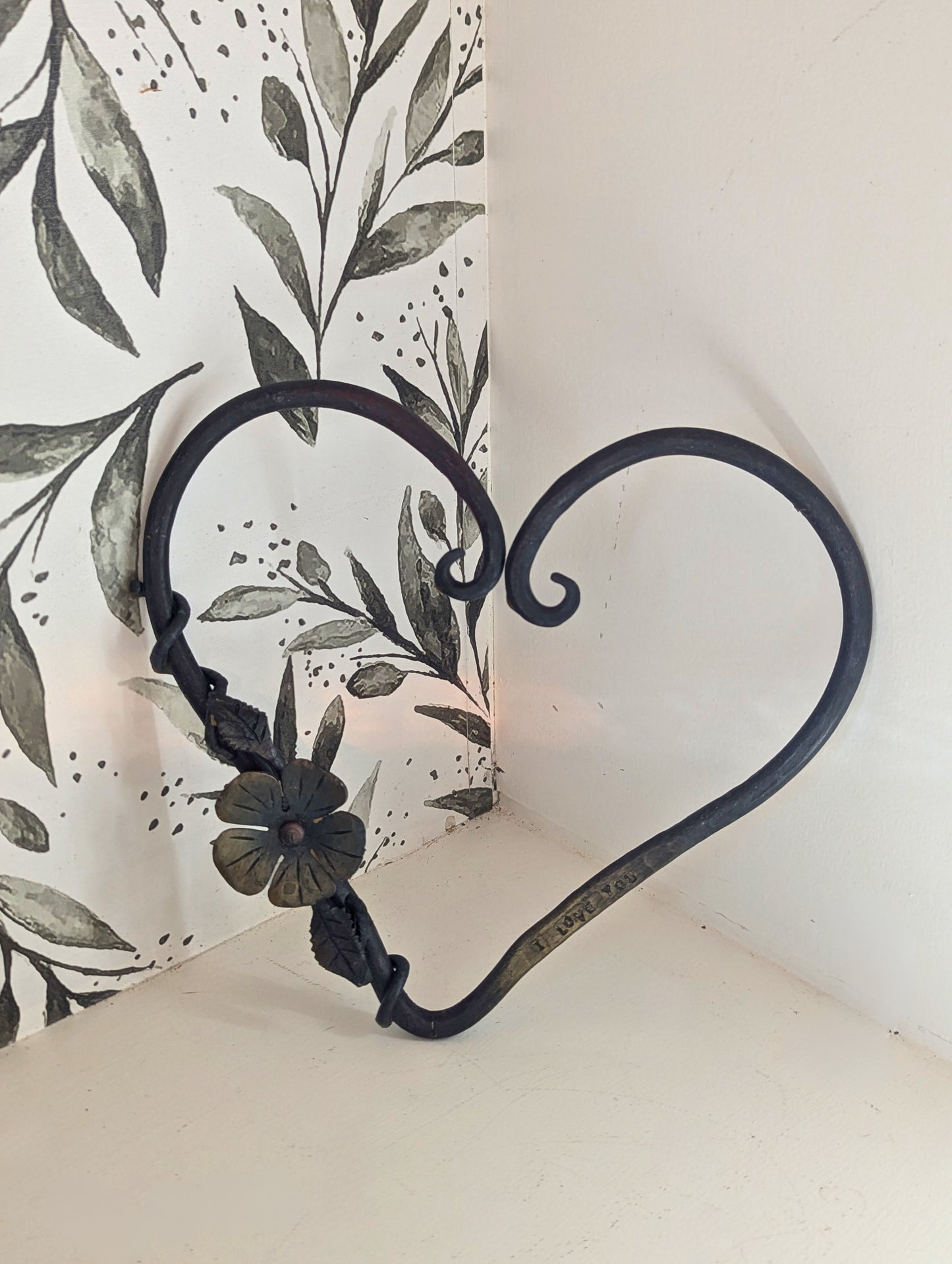 Amish Hand Forged Steel Heart Decor w/ Flower & Leaf Accents - Horseshoe, Gift for Her, Stand Alone Decoration, Valentine's Gift.