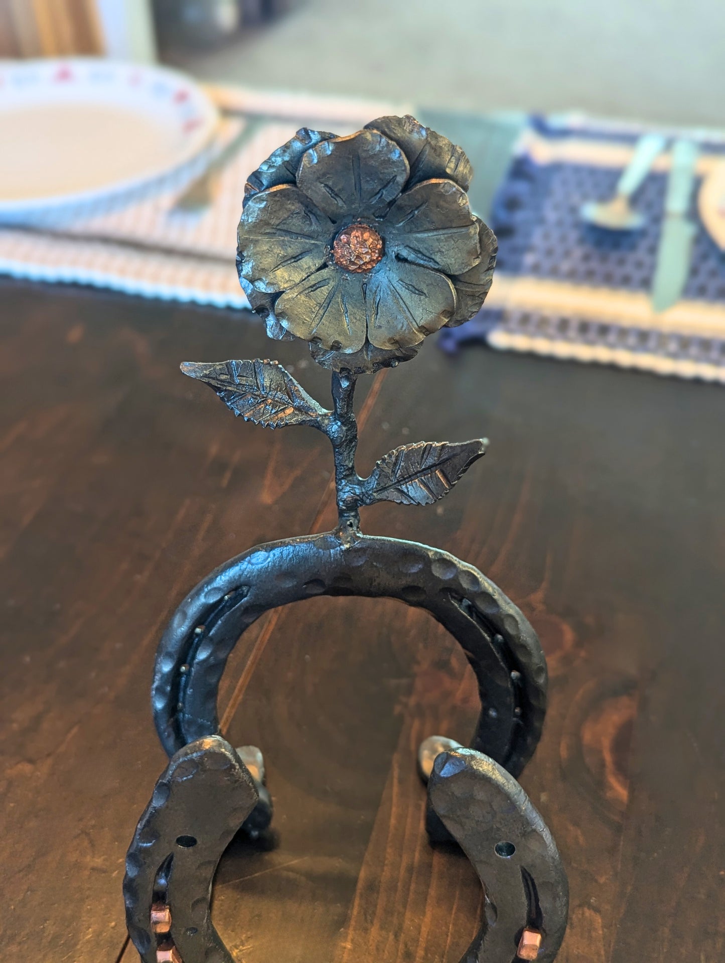 Forged Steel Napkin Holder w/ Horseshoe and Flower Accent – Rustic Kitchen Accessory, Flower Design for Pony Lovers, Ranch & Farm Decor