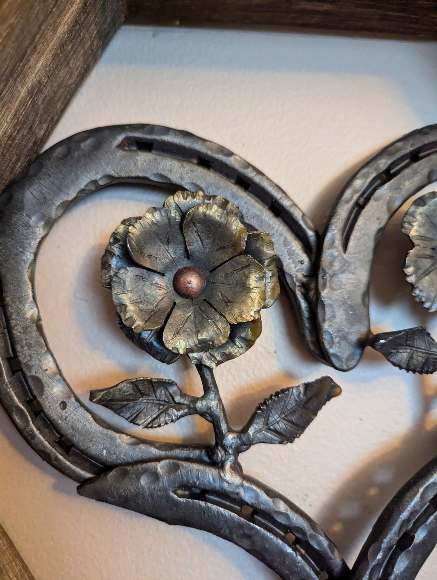 Amish Hand Forged Steel Heart Decor w/ Flower & Leaf Accents - Horseshoe, Gift for Her, Stand Alone Decoration, Valentine's Gift.