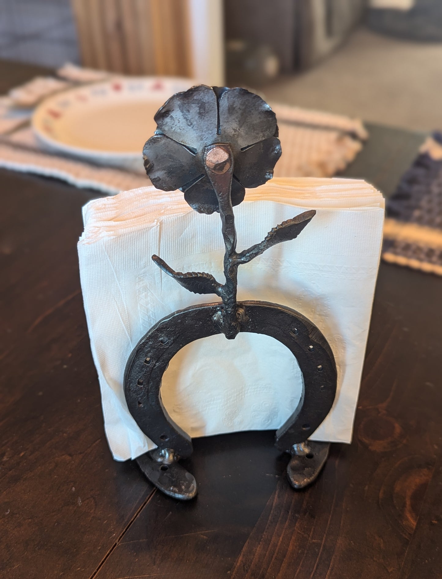 Forged Steel Napkin Holder w/ Horseshoe and Flower Accent – Rustic Kitchen Accessory, Flower Design for Pony Lovers, Ranch & Farm Decor