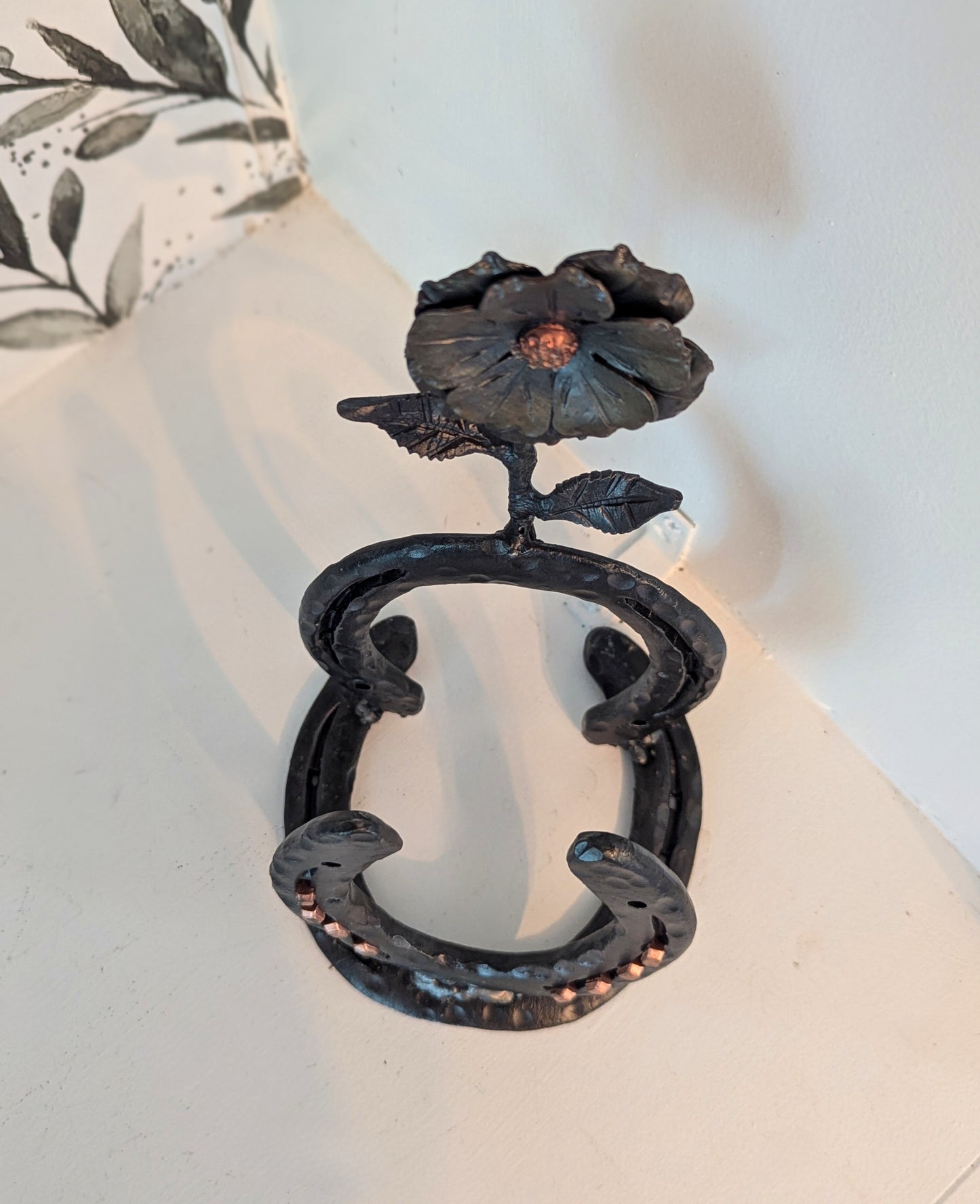Forged Steel Napkin Holder w/ Horseshoe and Flower Accent – Rustic Kitchen Accessory, Flower Design for Pony Lovers, Ranch & Farm Decor