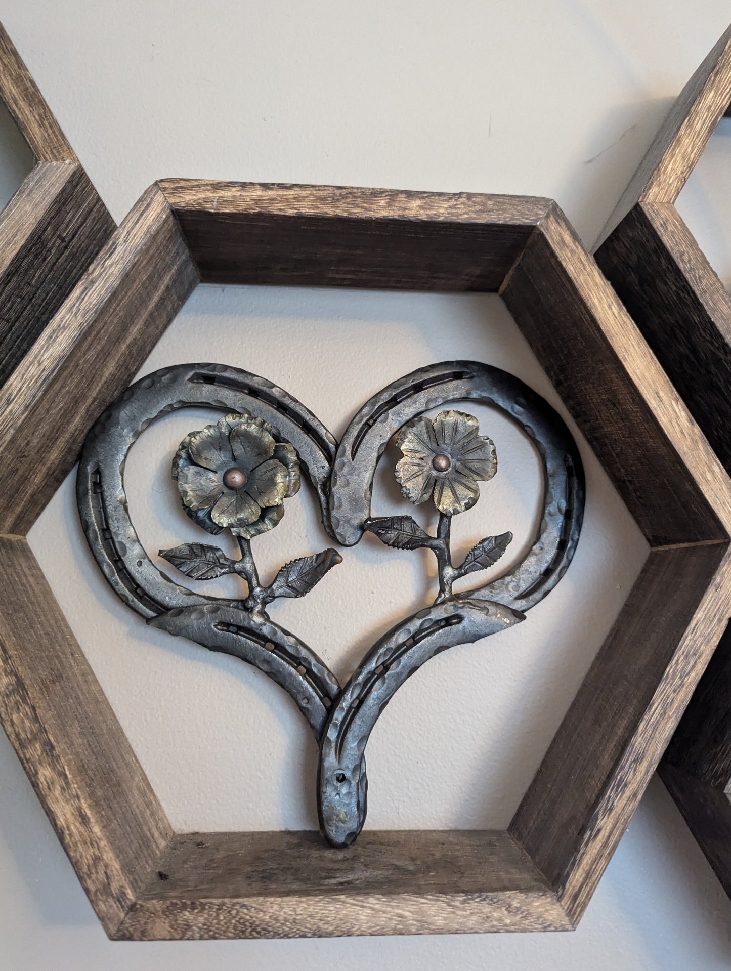 Amish Hand Forged Steel Heart Decor w/ Flower & Leaf Accents - Horseshoe, Gift for Her, Stand Alone Decoration, Valentine's Gift.