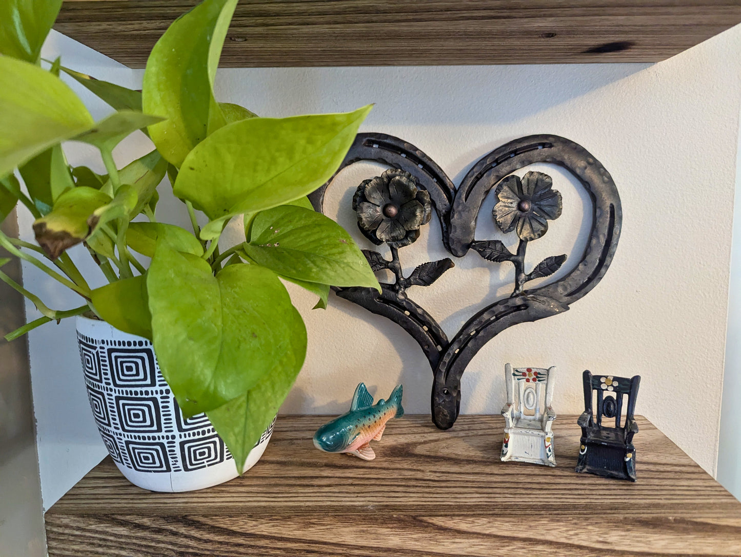 Amish Hand Forged Steel Heart Decor w/ Flower & Leaf Accents - Horseshoe, Gift for Her, Stand Alone Decoration, Valentine's Gift.