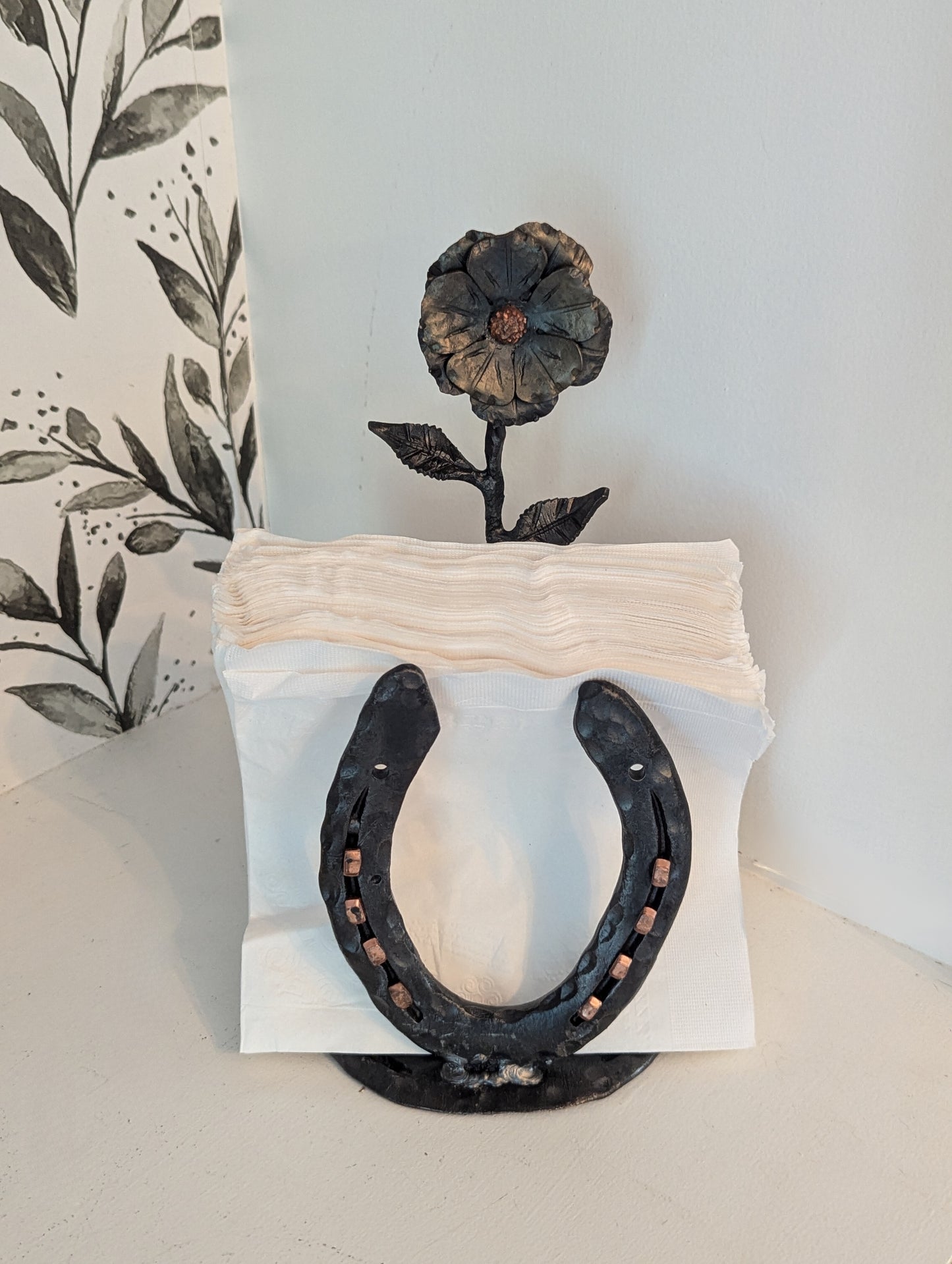 Forged Steel Napkin Holder w/ Horseshoe and Flower Accent – Rustic Kitchen Accessory, Flower Design for Pony Lovers, Ranch & Farm Decor
