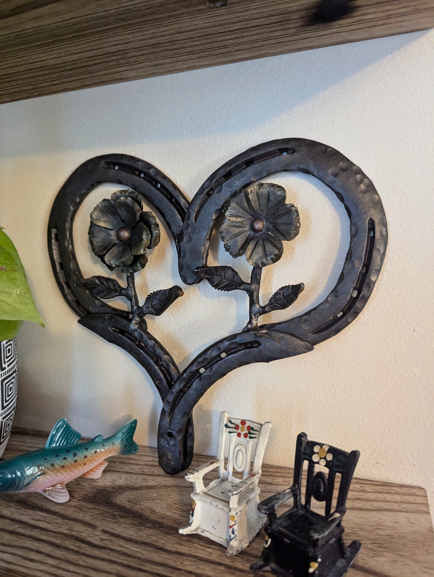 Amish Hand Forged Steel Heart Decor w/ Flower & Leaf Accents - Horseshoe, Gift for Her, Stand Alone Decoration, Valentine's Gift.