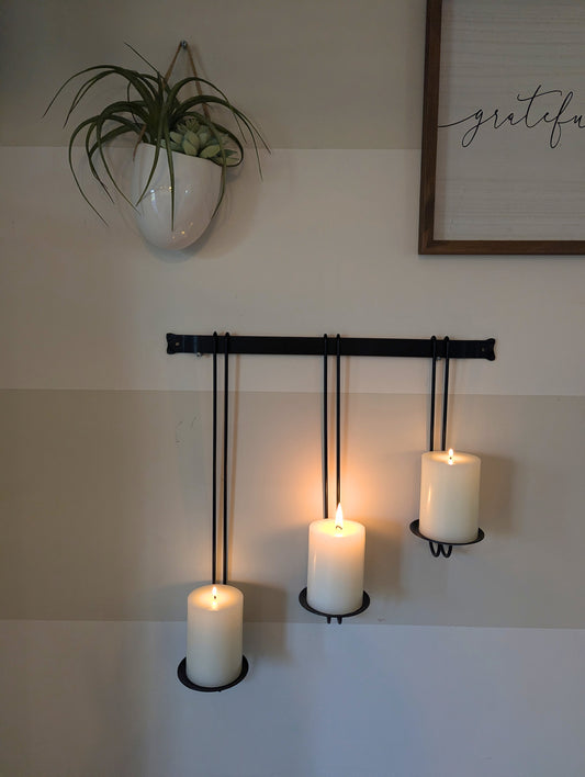 Wrought Iron Pillar Candle Holder, Wall Mount Candle Hanger, Black Metal 3 Candle Holder, Rustic Farmhouse Vintage Decor, Amish made