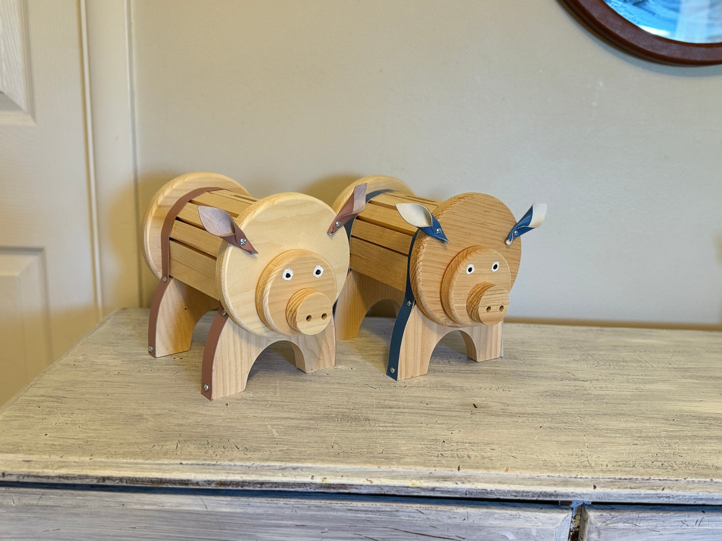 Child's Piggy Bank–Pink or Blue, Natural Wood & Leather – Baby Shower Gift, Nursery Decor, First Birthday, Christmas Gift, Child's Birthday