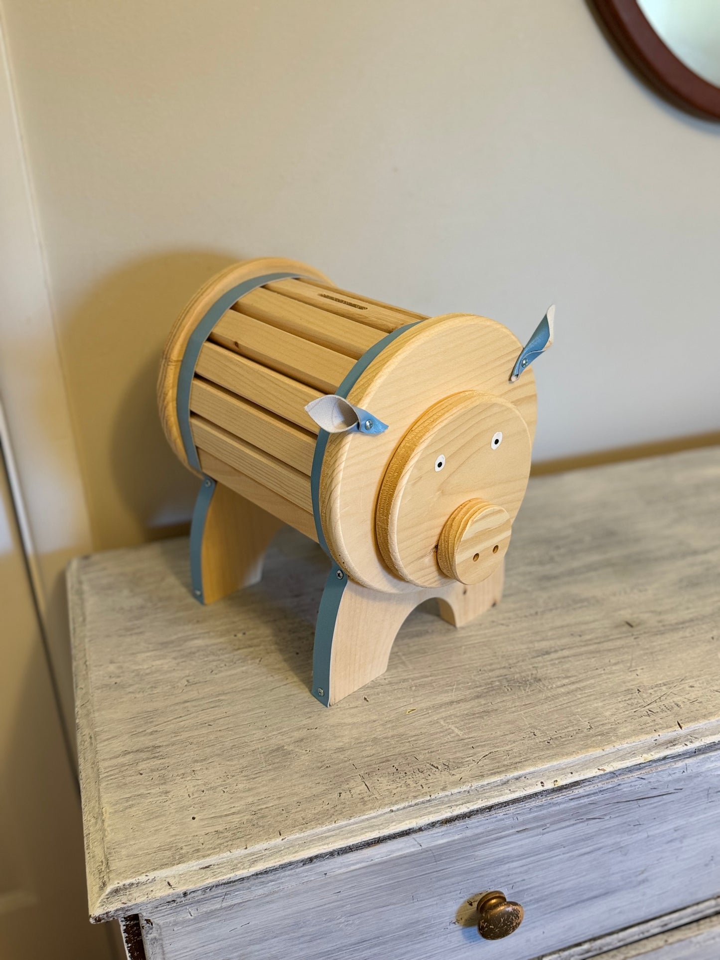 Child's Piggy Bank–Pink or Blue, Natural Wood & Leather – Baby Shower Gift, Nursery Decor, First Birthday, Christmas Gift, Child's Birthday