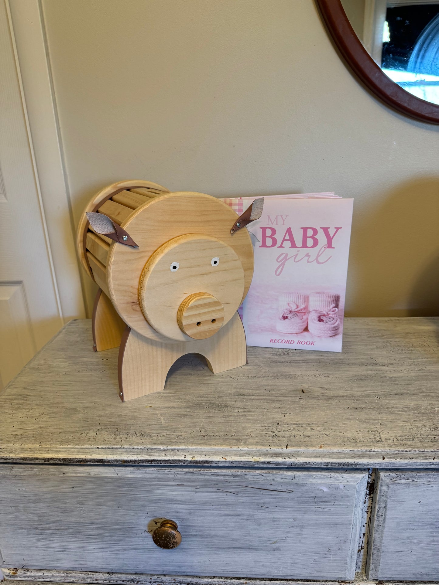 Child's Piggy Bank–Pink or Blue, Natural Wood & Leather – Baby Shower Gift, Nursery Decor, First Birthday, Christmas Gift, Child's Birthday