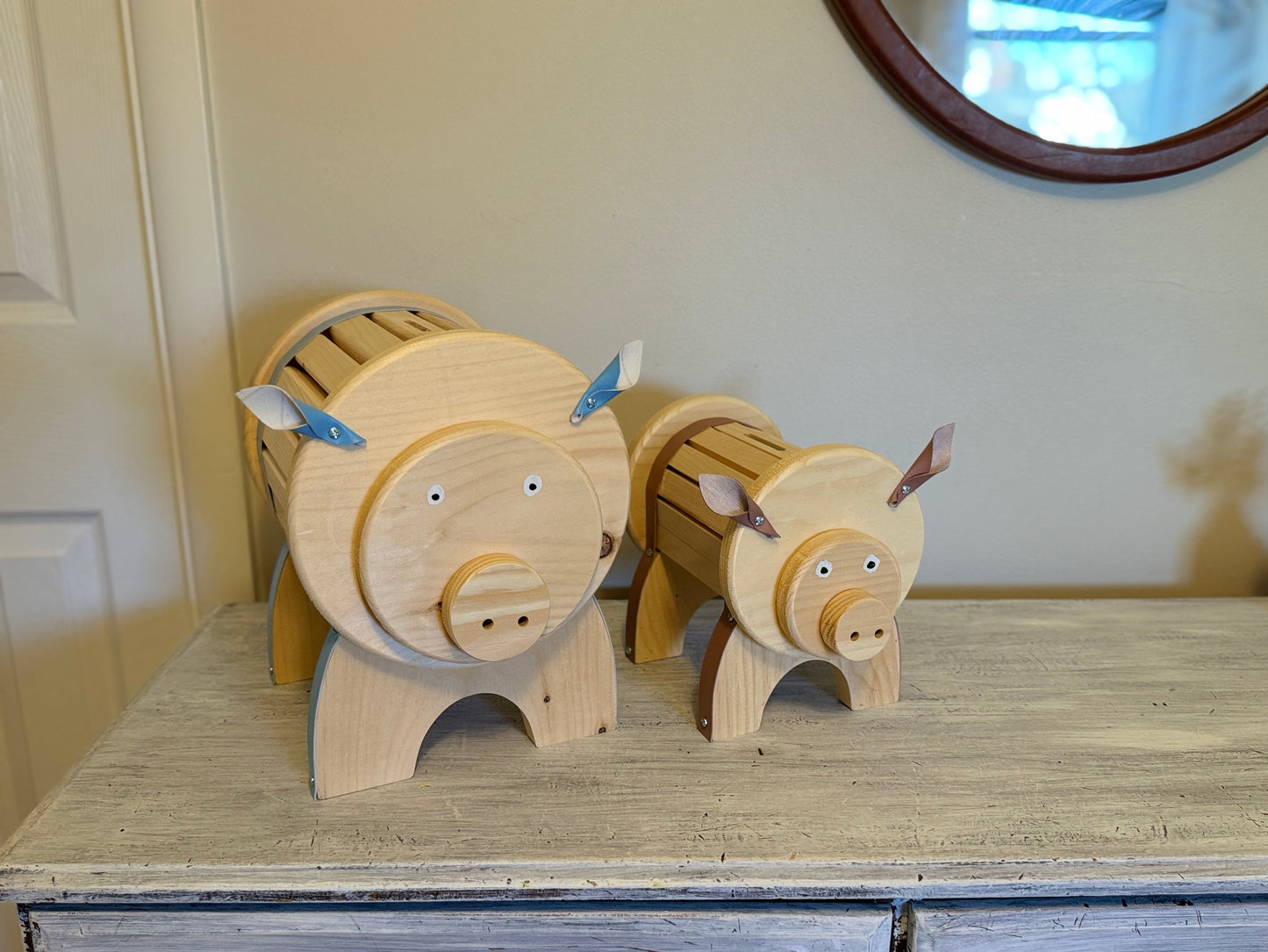 Child's Piggy Bank–Pink or Blue, Natural Wood & Leather – Baby Shower Gift, Nursery Decor, First Birthday, Christmas Gift, Child's Birthday