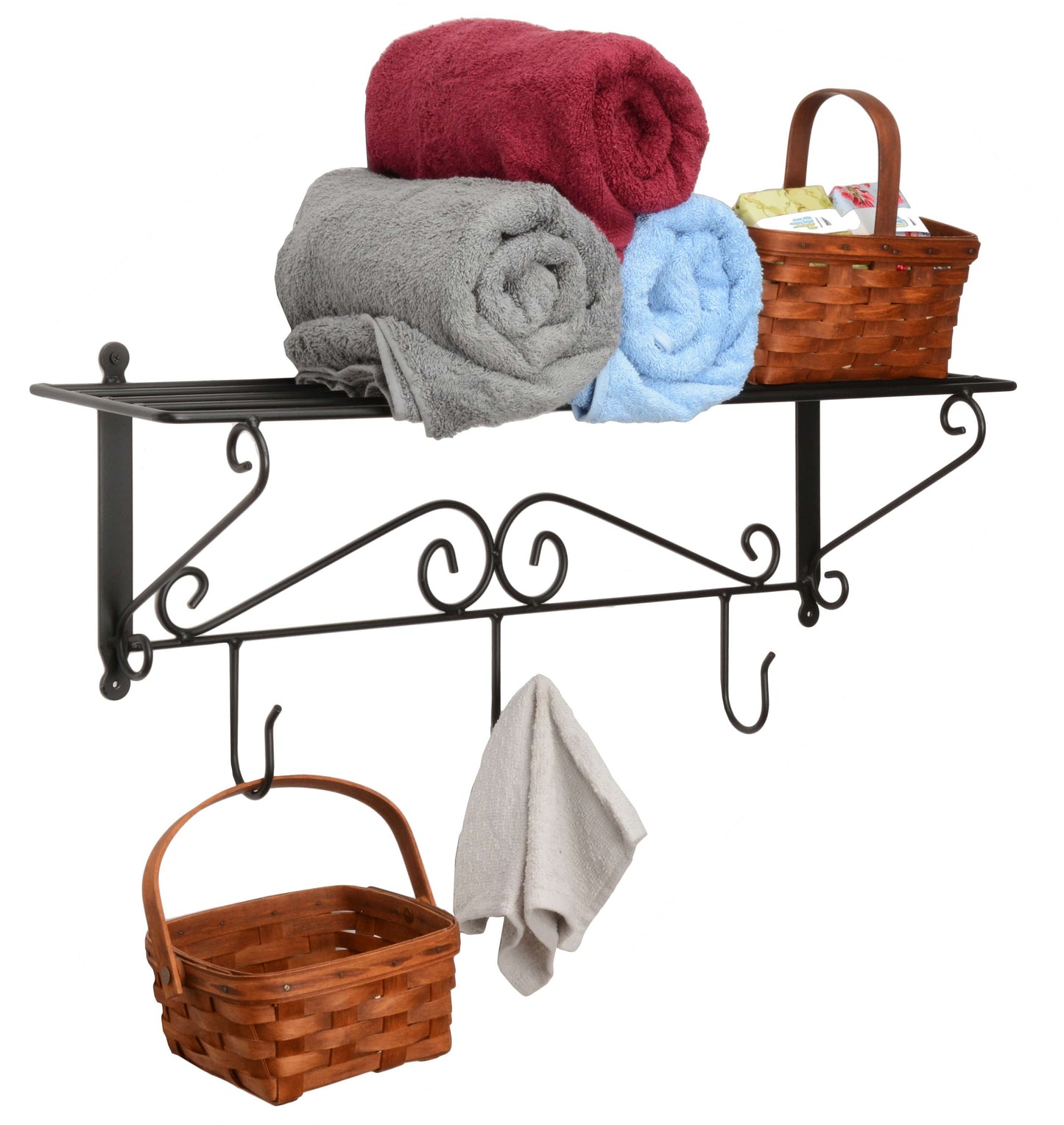 Wall Mount Shelf with 3 Hooks Wrought Iron Amish made USA