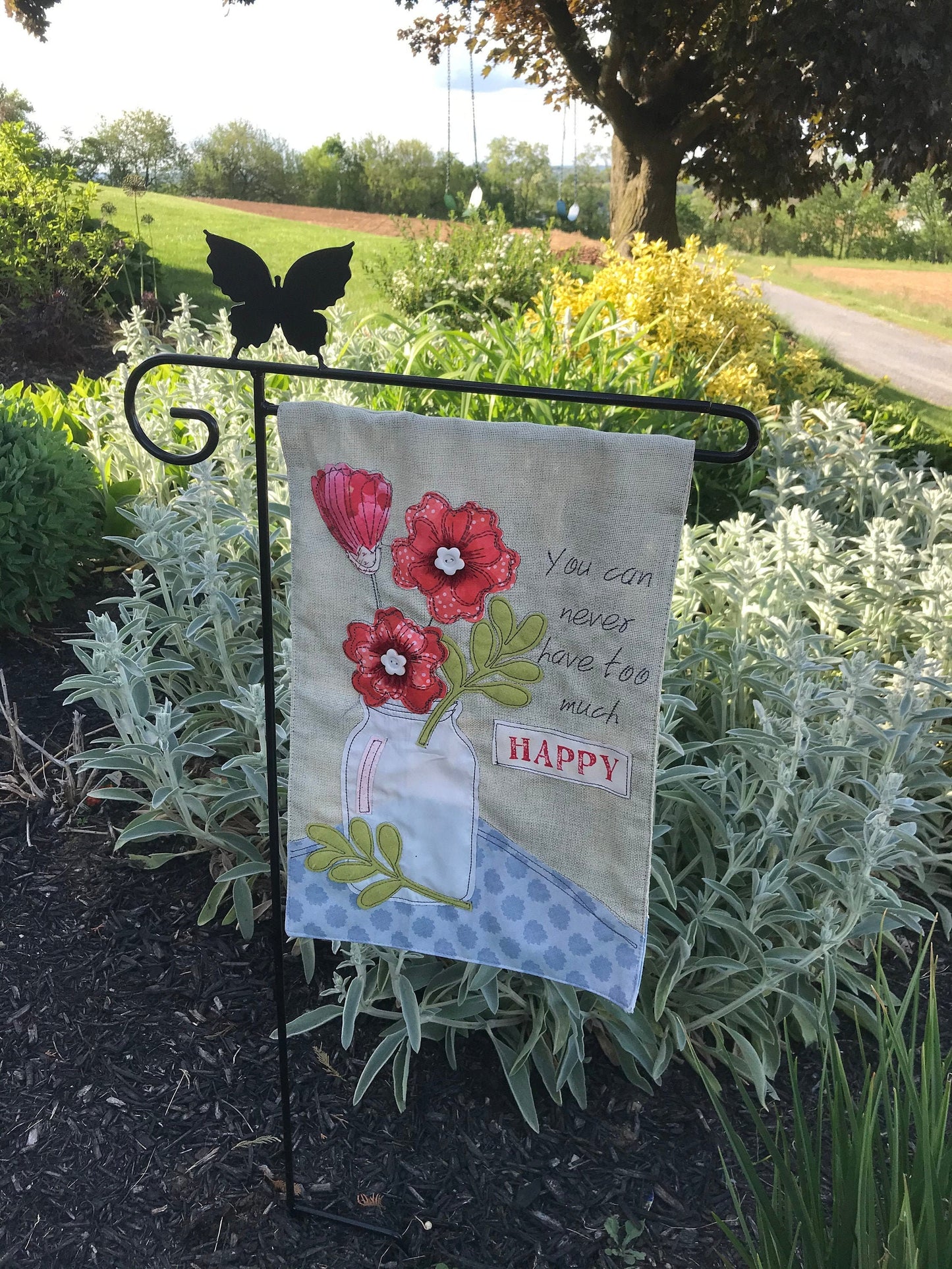 Black Butterfly Garden Flag Holder Stand - Heavy Duty Wrought Iron - Powder Coated - Amish Made