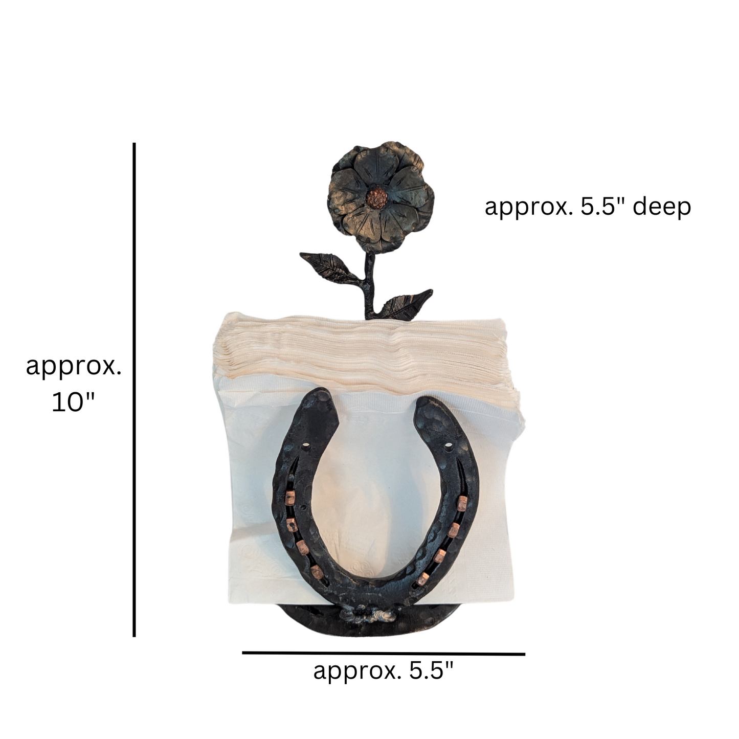 Forged Steel Napkin Holder w/ Horseshoe and Flower Accent – Rustic Kitchen Accessory, Flower Design for Pony Lovers, Ranch & Farm Decor