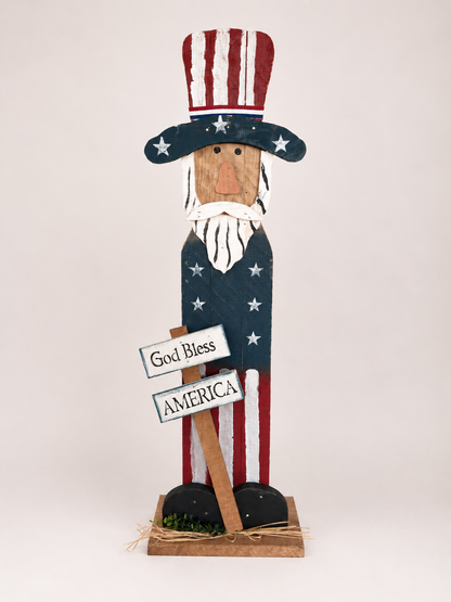 Amish Made Uncle Sam Porch Sitter | Handmade Patriotic Wooden Decor | God Bless America Sign | Rustic Americana Porch Decoration