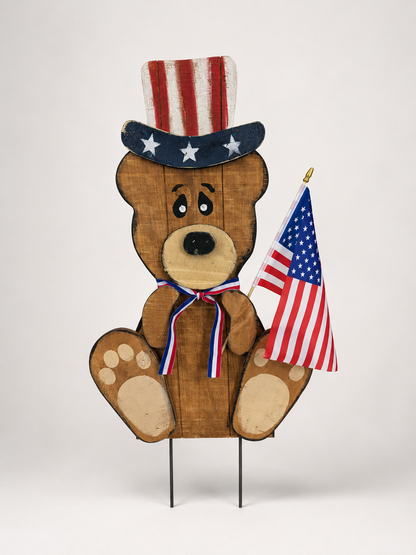 Amish Made Patriotic Wooden Bear Yard Stake | Handmade Uncle Sam Bear Garden Decor | Rustic 4th of July Outdoor Decoration