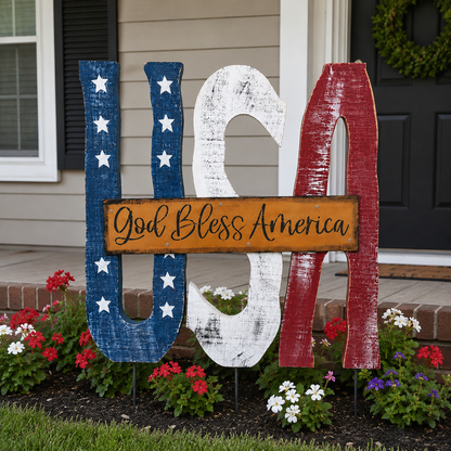 Amish Made USA Porch Sitter and Garden Stake| Rustic Patriotic Wooden Decor, God Bless America Sign
