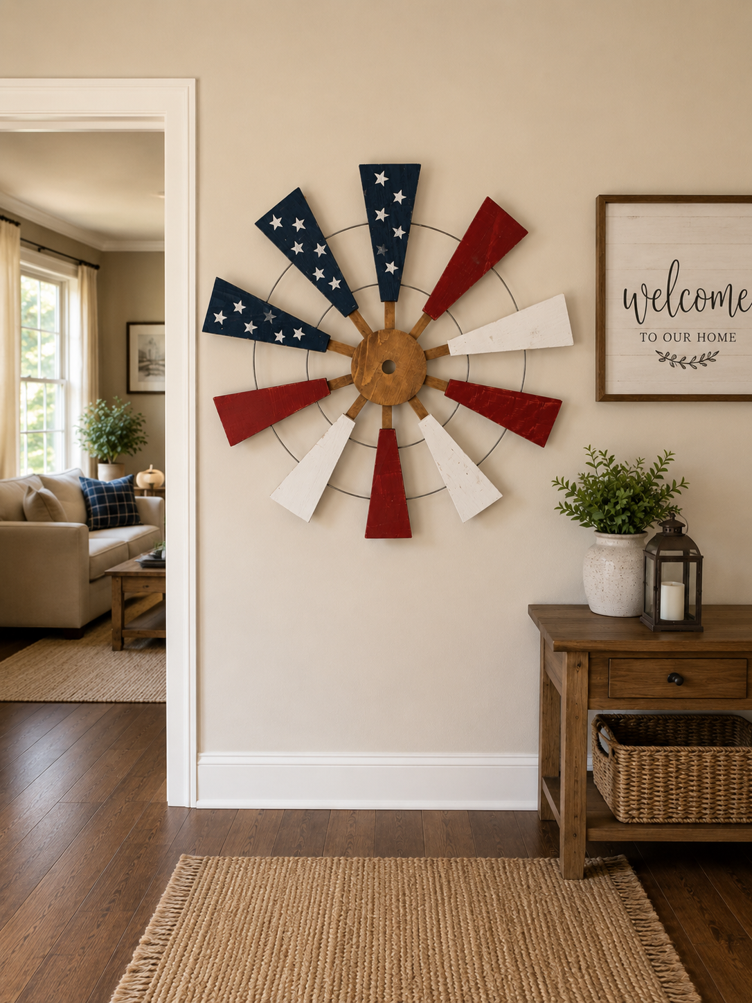 Amish Made Patriotic Windmill Wall Decor | Handmade Wooden American Flag  | Rustic Americana Wall Art | 4th of July Porch Decoration