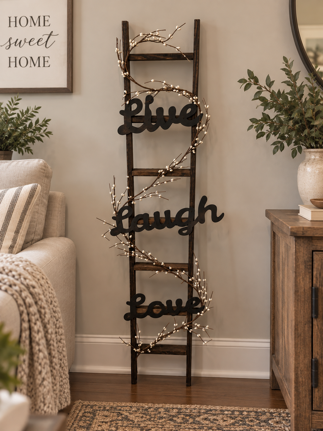 Amish Made Rustic Live Laugh Love Ladder Decor, 48 Inch Farmhouse Decorative Ladder, Pip Berry Garland, Primitive Country Home Decor