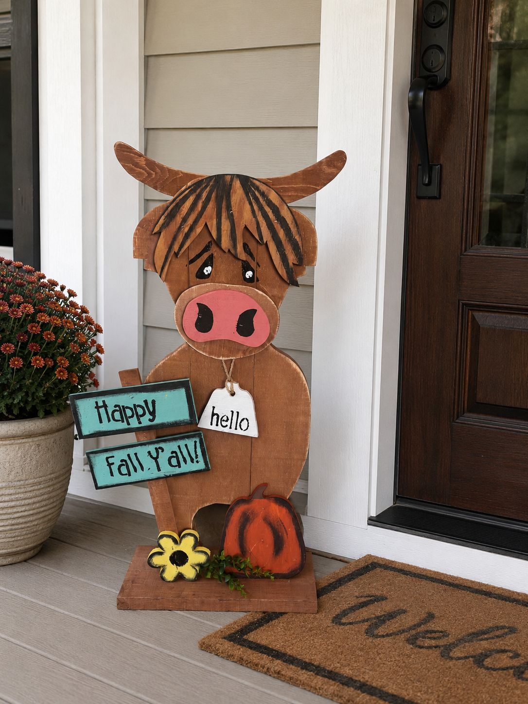 Amish Made "Happy Fall Y'all" Highland Cow Porch Sitter and Yard Stake | Handmade Wooden Garden Decor | Rustic Fall Decor