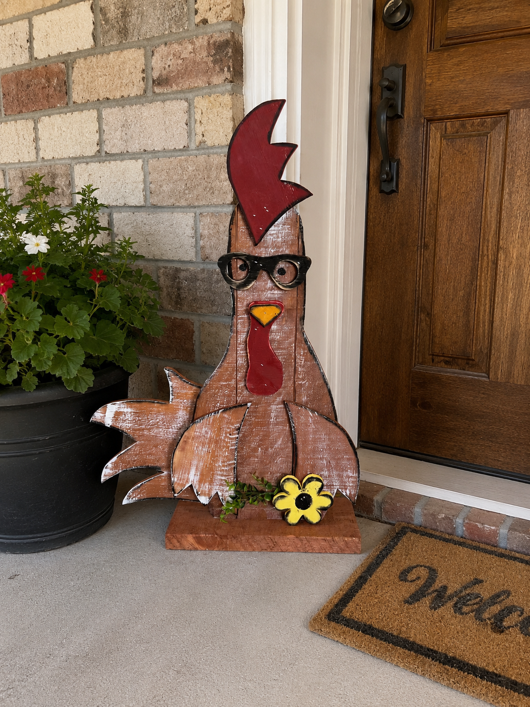 Amish Made Rooster with Glasses Porch Sitter and Yard Stake | Handmade Wooden Garden Decor | Rustic Spring Decor