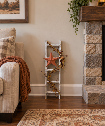 Rustic Farmhouse Decorative Ladder with Cream Barn Star & Pip Berry Garland | Primitive Country Home Decor | 30 Inch Wood Ladder