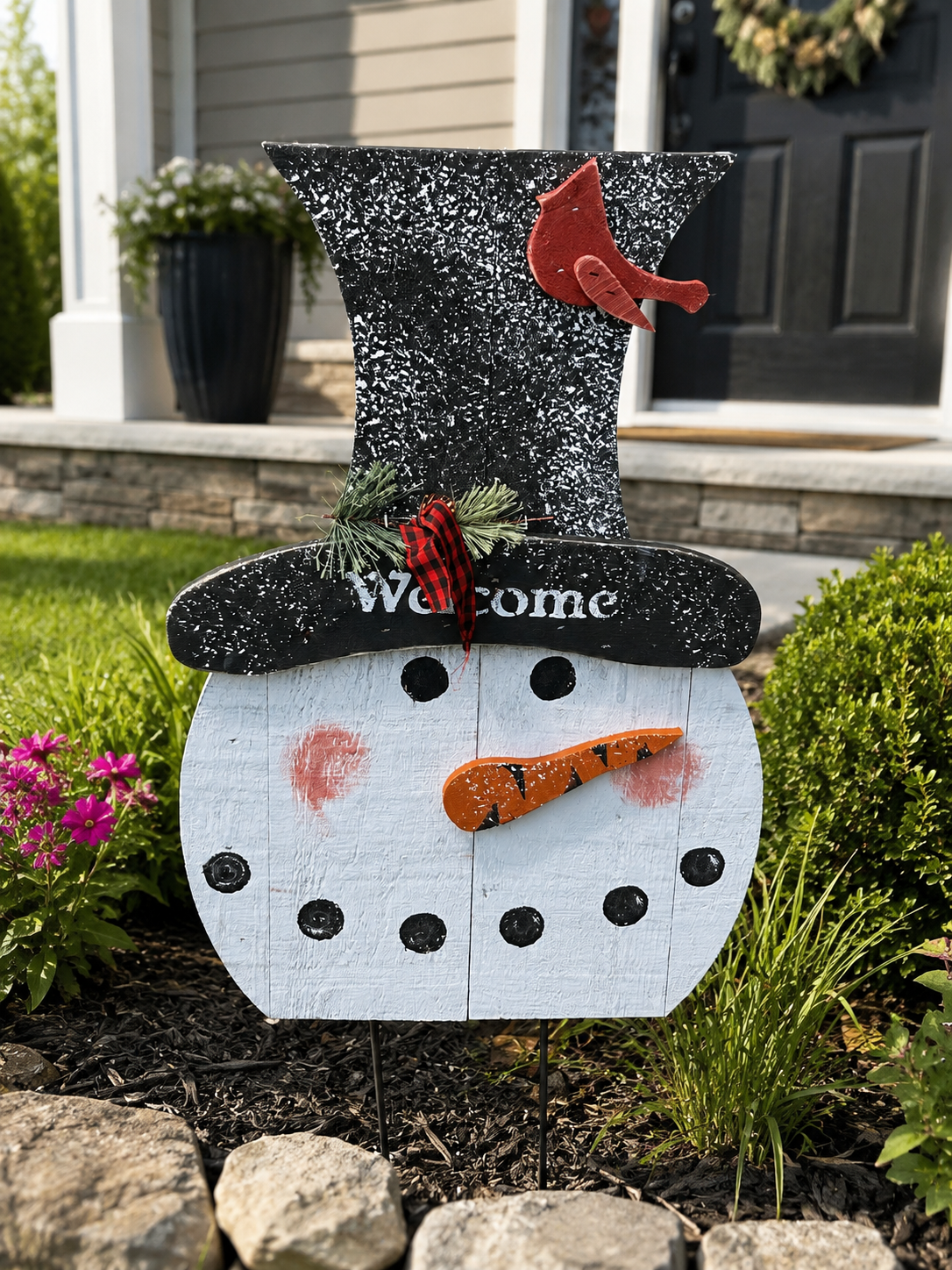 Amish Made Welcome Snowman Head Porch Sitter and Yard Stake | Handmade Christmas Garden Decor | Rustic Winter Decor