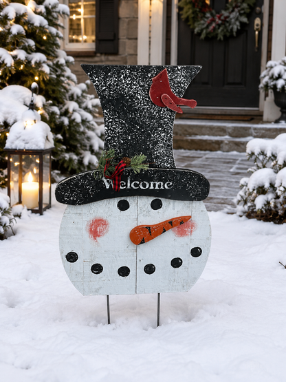 Amish Made Welcome Snowman Head Porch Sitter and Yard Stake | Handmade Christmas Garden Decor | Rustic Winter Decor
