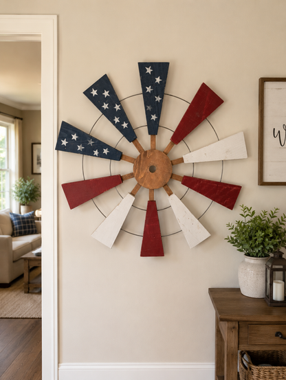 Amish Made Patriotic Windmill Wall Decor | Handmade Wooden American Flag  | Rustic Americana Wall Art | 4th of July Porch Decoration
