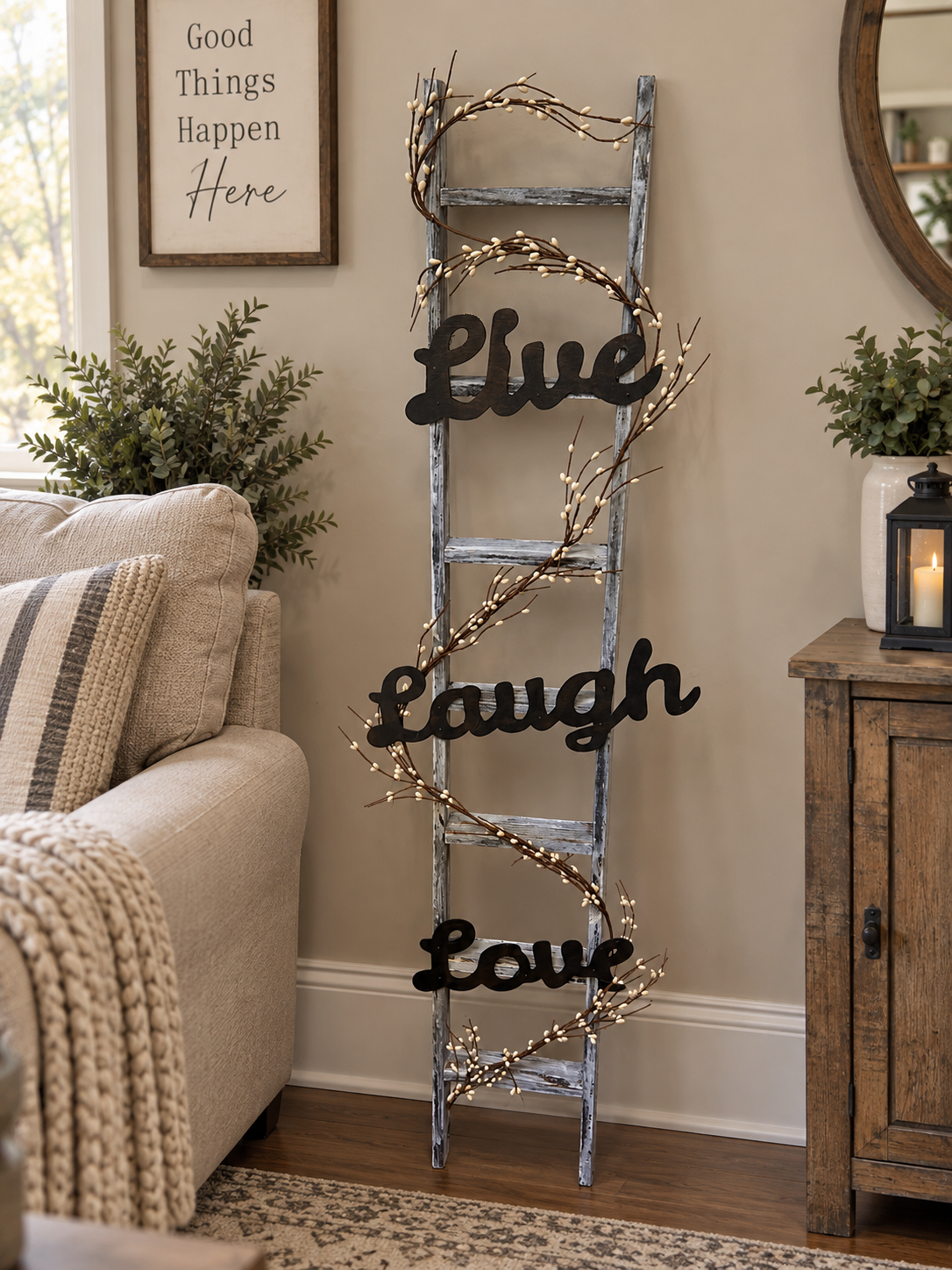 Amish Made Rustic Live Laugh Love Ladder Decor, 48 Inch Farmhouse Decorative Ladder, Pip Berry Garland, Primitive Country Home Decor