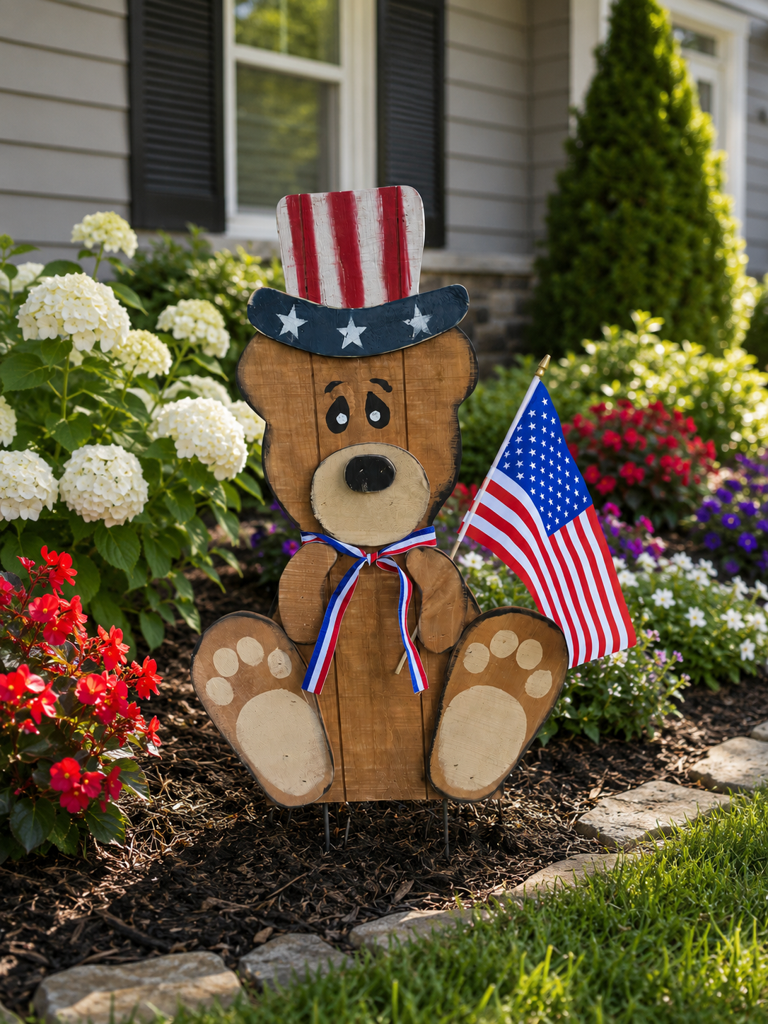 Amish Made Patriotic Wooden Bear Yard Stake | Handmade Uncle Sam Bear Garden Decor | Rustic 4th of July Outdoor Decoration