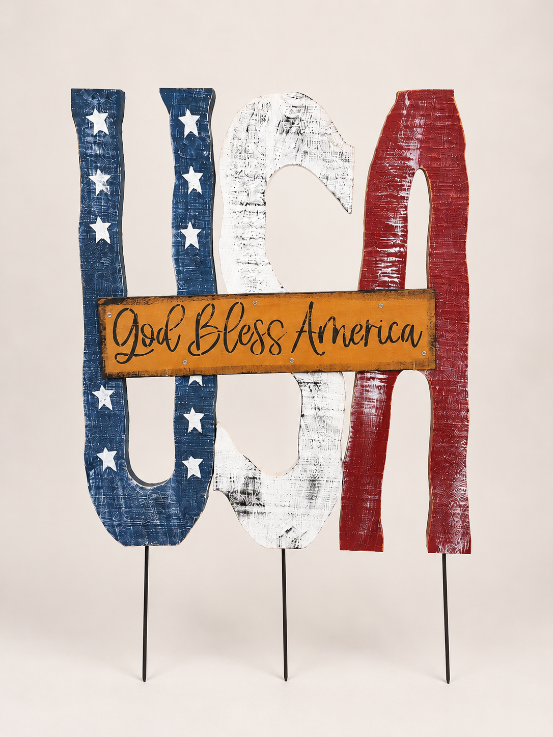 Amish Made USA Porch Sitter and Garden Stake| Rustic Patriotic Wooden Decor, God Bless America Sign