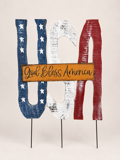 Amish Made USA Porch Sitter and Garden Stake| Rustic Patriotic Wooden Decor, God Bless America Sign