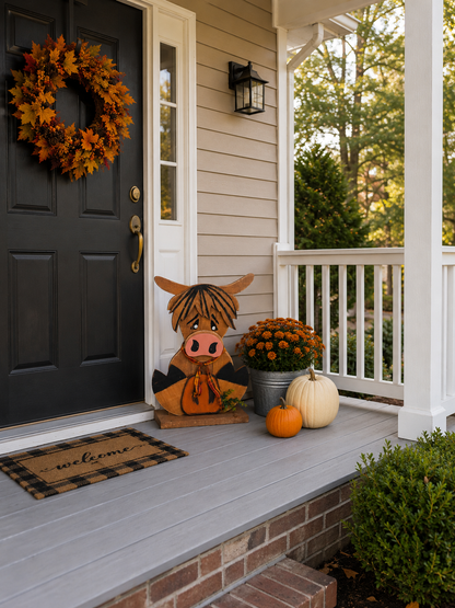 Amish Made Fall Highland Cow Porch Sitter and Yard Stake | Handmade Wooden Garden Decor | Rustic Fall Decor (Copy)