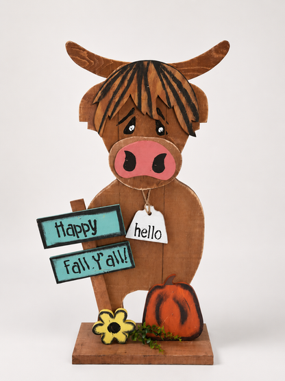 Amish Made "Happy Fall Y'all" Highland Cow Porch Sitter and Yard Stake | Handmade Wooden Garden Decor | Rustic Fall Decor