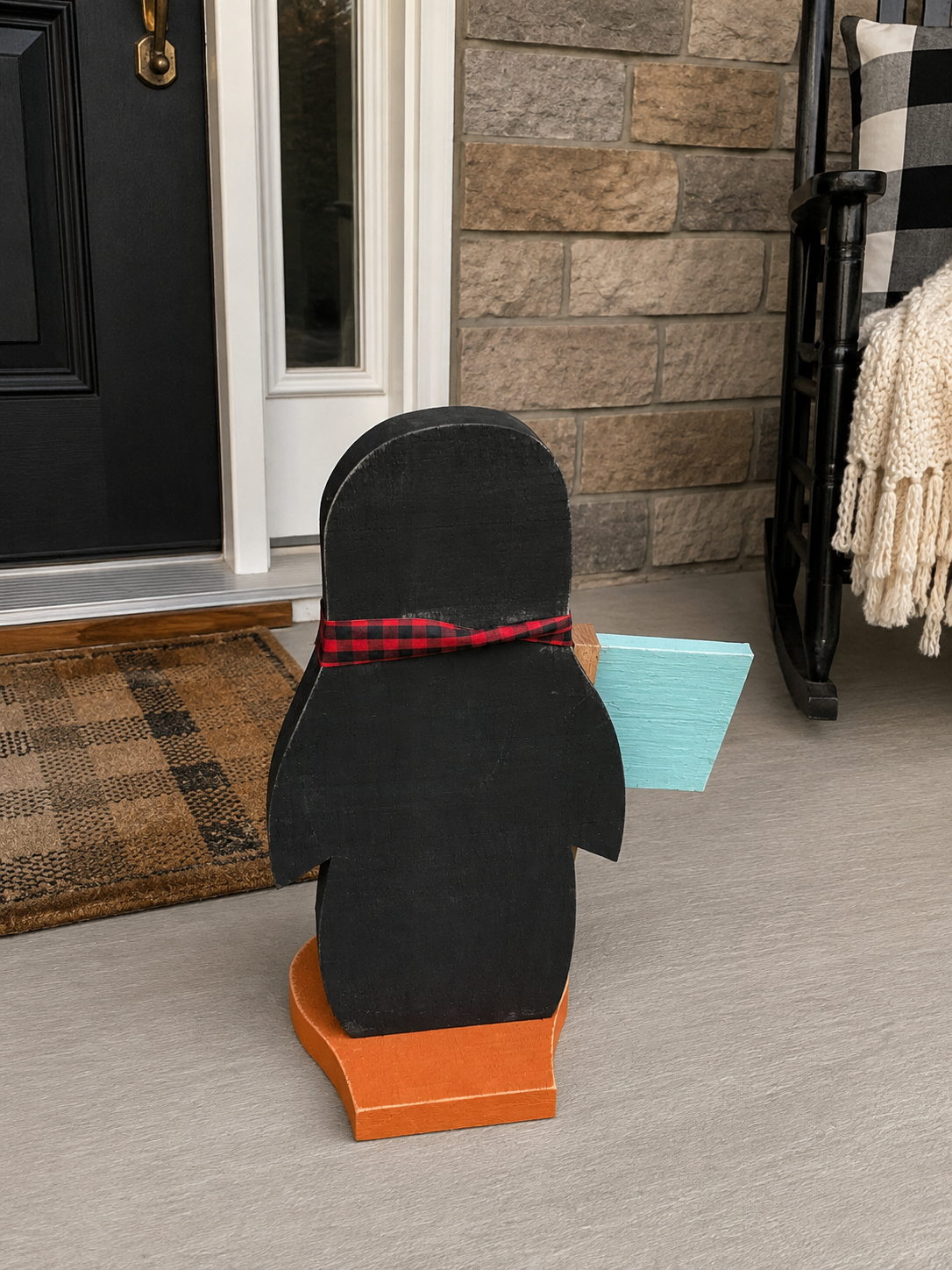 Amish Made Penguin Porch Sitter and Yard Stake | Handmade Christmas Garden Decor | Rustic Winter Decor