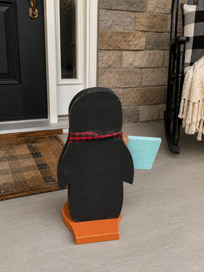 Amish Made Penguin Porch Sitter and Yard Stake | Handmade Christmas Garden Decor | Rustic Winter Decor