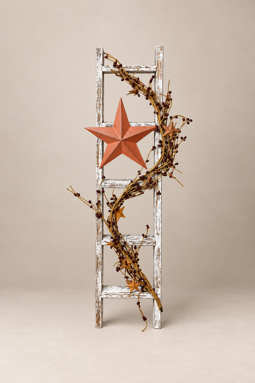 Rustic Farmhouse Decorative Ladder with Cream Barn Star & Pip Berry Garland | Primitive Country Home Decor | 30 Inch Wood Ladder