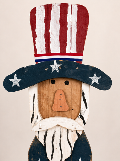 Amish Made Uncle Sam Porch Sitter | Handmade Patriotic Wooden Decor | God Bless America Sign | Rustic Americana Porch Decoration