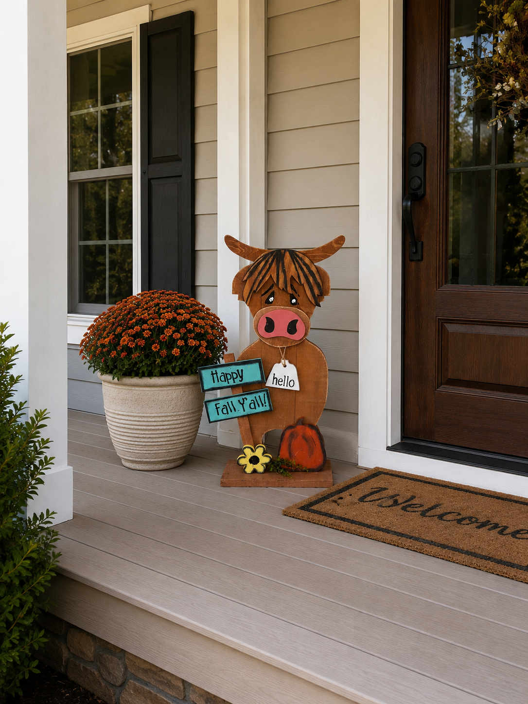 Amish Made "Happy Fall Y'all" Highland Cow Porch Sitter and Yard Stake | Handmade Wooden Garden Decor | Rustic Fall Decor