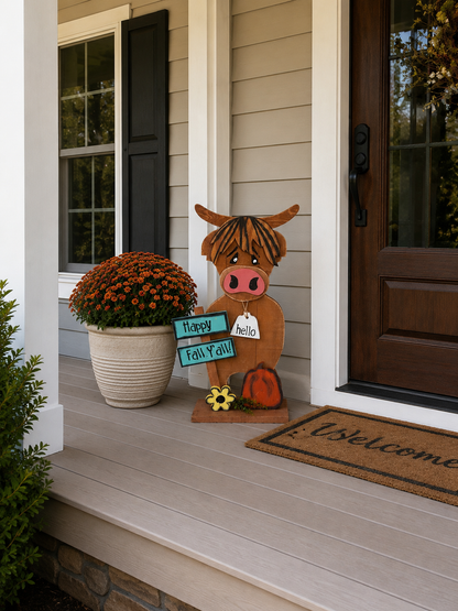 Amish Made "Happy Fall Y'all" Highland Cow Porch Sitter and Yard Stake | Handmade Wooden Garden Decor | Rustic Fall Decor