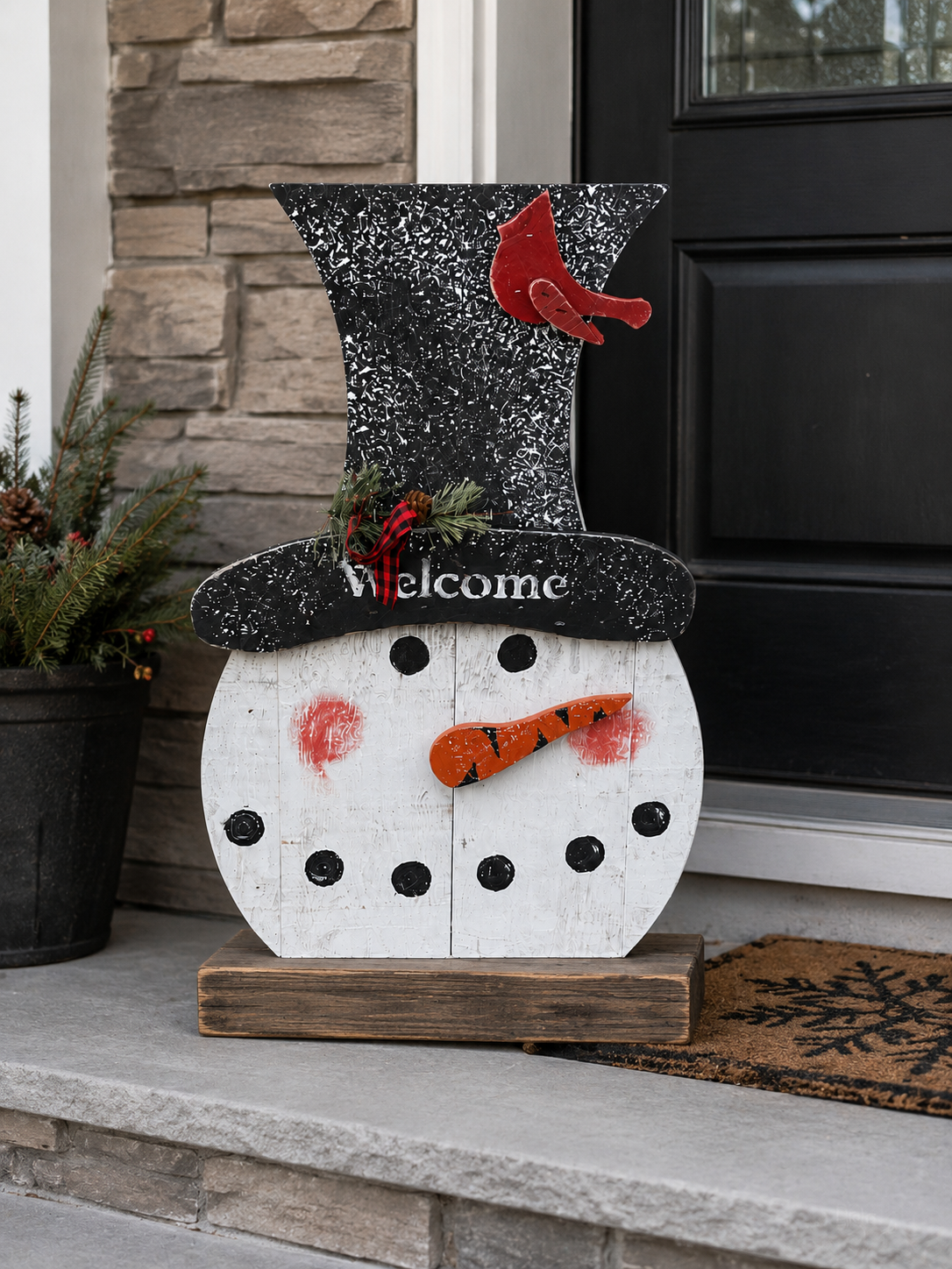 Amish Made Welcome Snowman Head Porch Sitter and Yard Stake | Handmade Christmas Garden Decor | Rustic Winter Decor