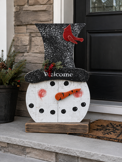 Amish Made Welcome Snowman Head Porch Sitter and Yard Stake | Handmade Christmas Garden Decor | Rustic Winter Decor