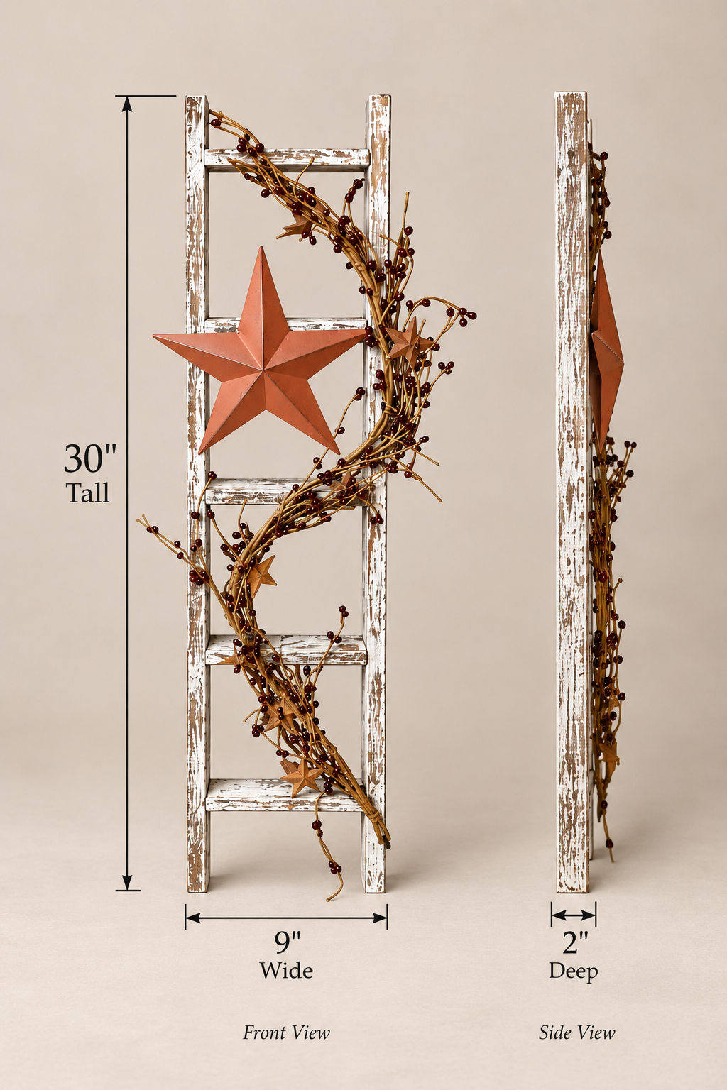 Rustic Farmhouse Decorative Ladder with Cream Barn Star & Pip Berry Garland | Primitive Country Home Decor | 30 Inch Wood Ladder