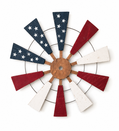 Amish Made Patriotic Windmill Wall Decor | Handmade Wooden American Flag  | Rustic Americana Wall Art | 4th of July Porch Decoration