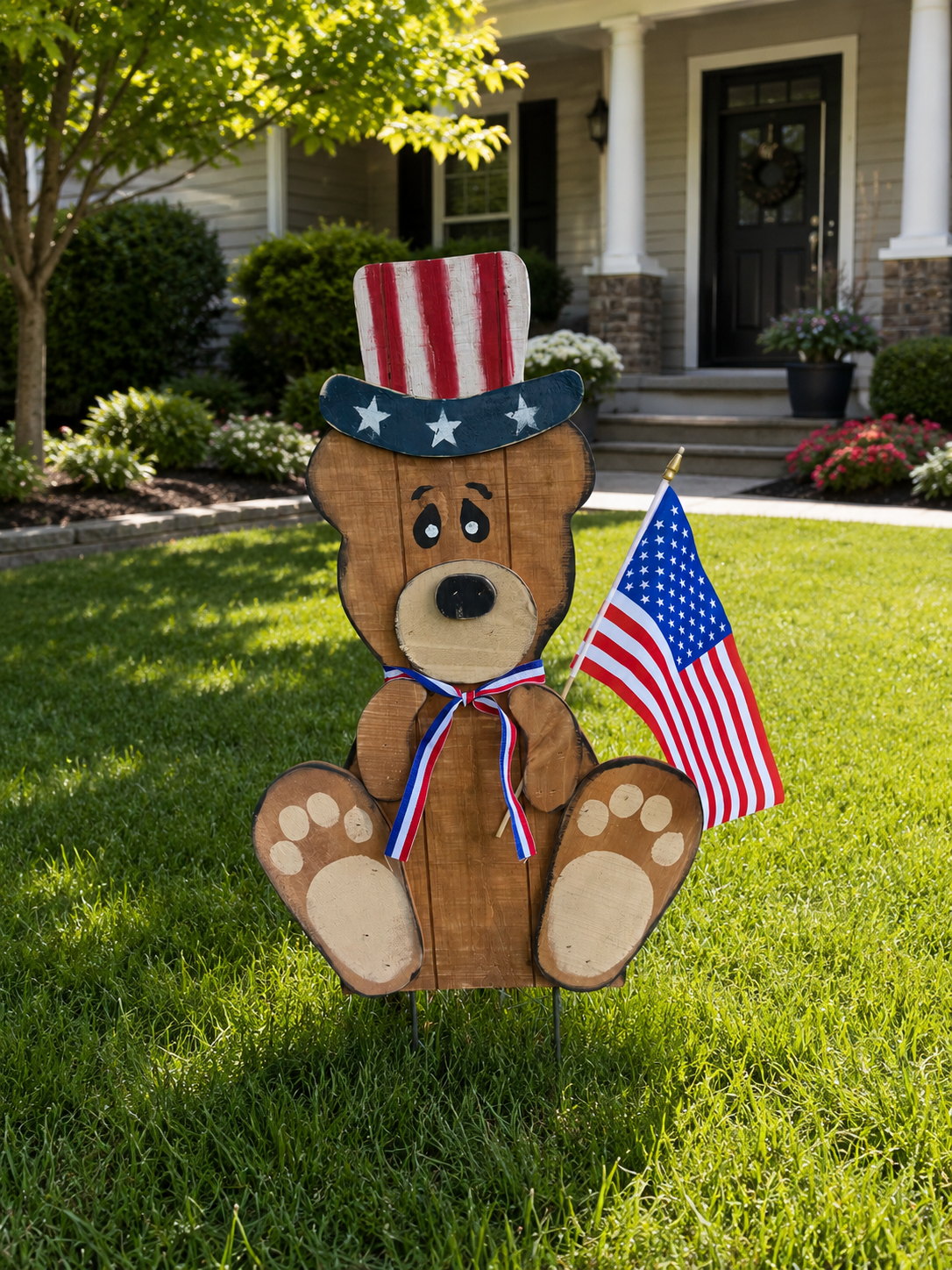 Amish Made Patriotic Wooden Bear Yard Stake | Handmade Uncle Sam Bear Garden Decor | Rustic 4th of July Outdoor Decoration