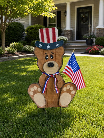 Amish Made Patriotic Wooden Bear Yard Stake | Handmade Uncle Sam Bear Garden Decor | Rustic 4th of July Outdoor Decoration